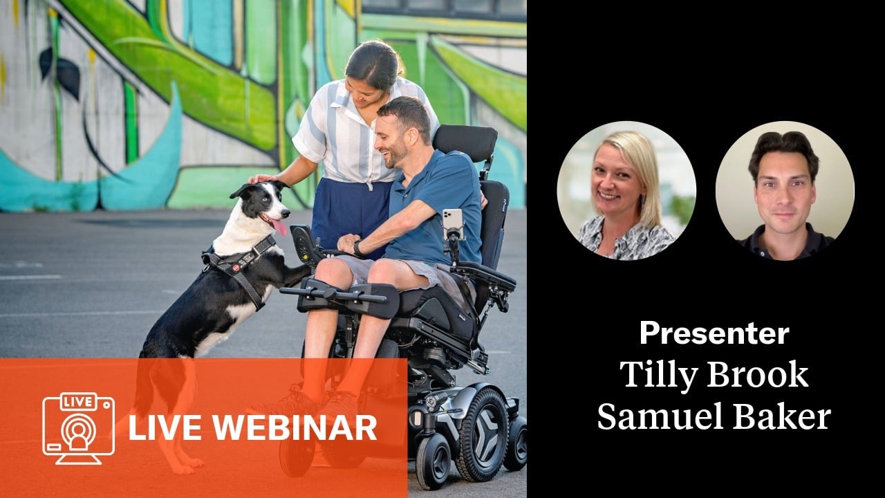 Webinar Tile. A power wheelchair user and his partner is petting their dog. Presenters' profile pictures, Tilly Brook and Samuel Baker